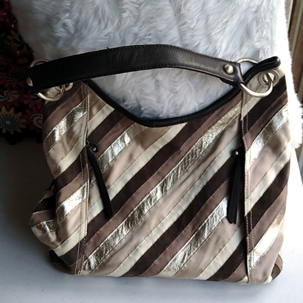 Liz Claiborne Leather and Cloth Shoulder Tote.
